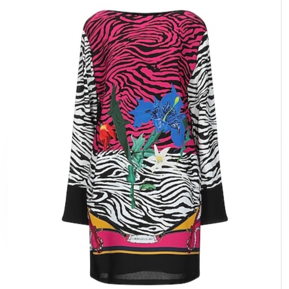 NWT Cavalli Class Zebra & Floral Long Sleeve Dress – Size IT 44 / US 8